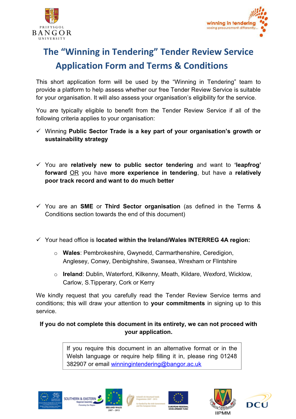 The Winning in Tendering Tender Review Service Application Form and Terms & Conditions