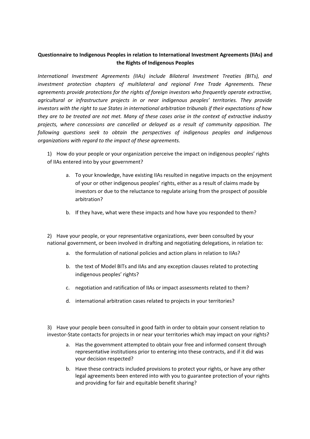 Questionnaire to Indigenous Peoples in Relation to International Investment Agreements