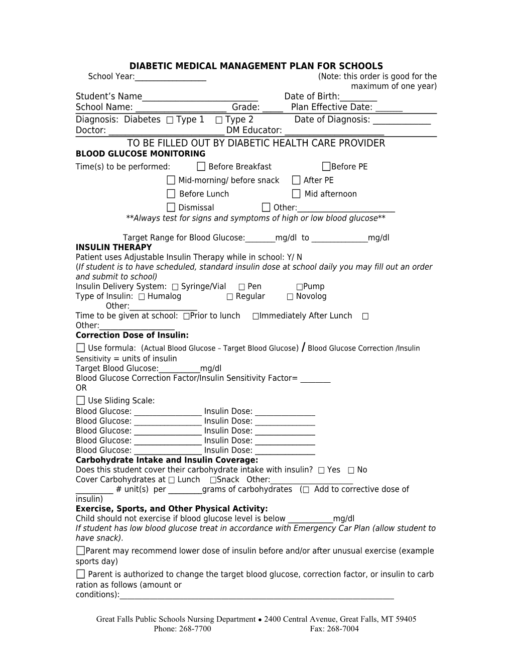 Diabetic Medical Management Plan for Schools