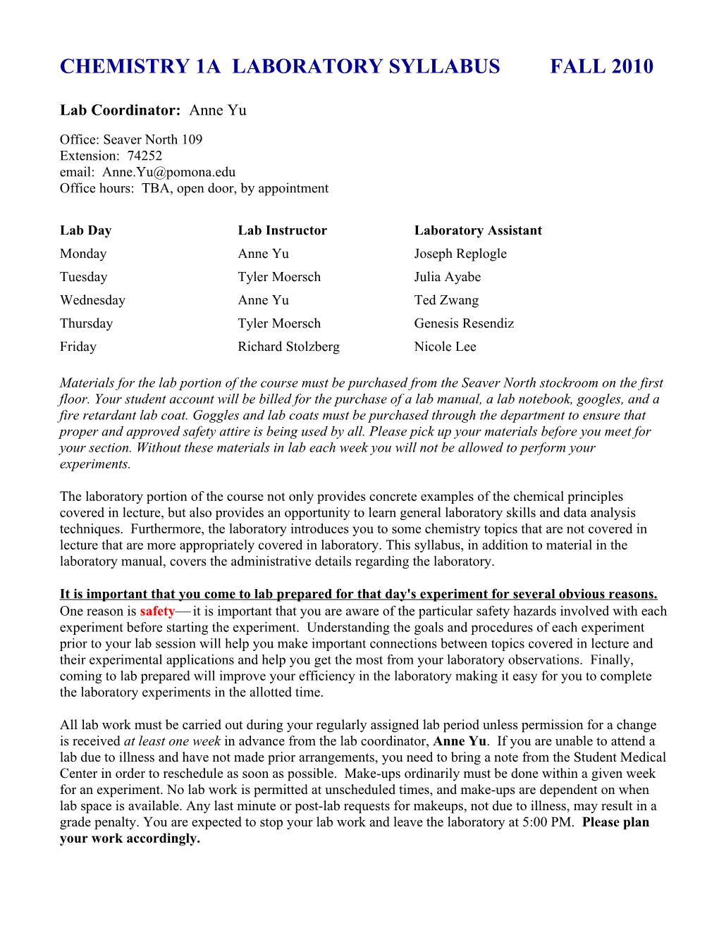 Chemistry 1A Laboratory Syllabus Fall 2003