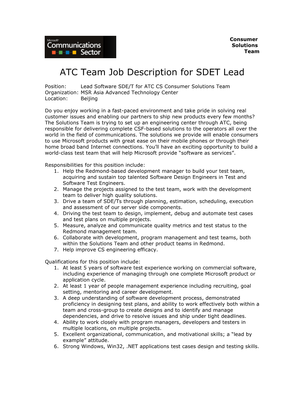 ATC Team Job Descriptionfor SDET Lead