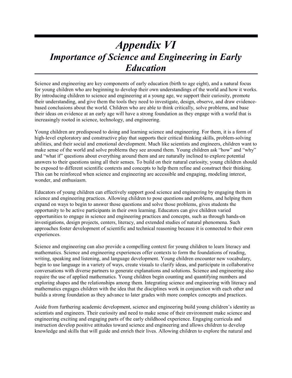 Appendix VI: Importance of Science and Engineering in Early Education