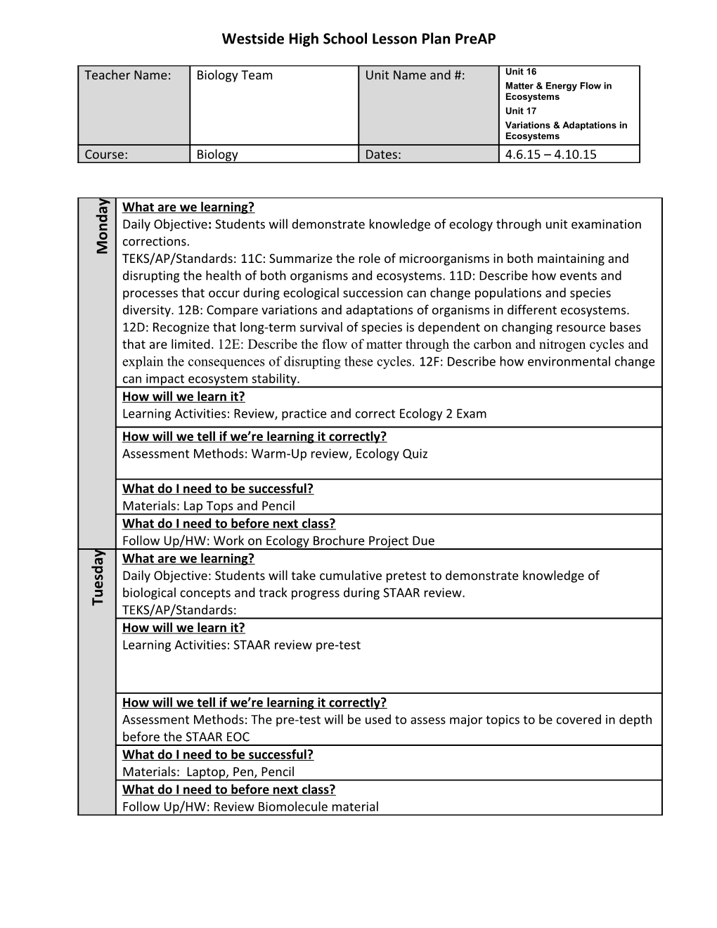 Westside High School Lesson Plan Preap