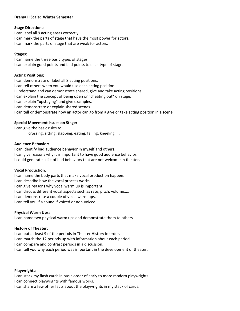 Drama II Scale: Winter Semester