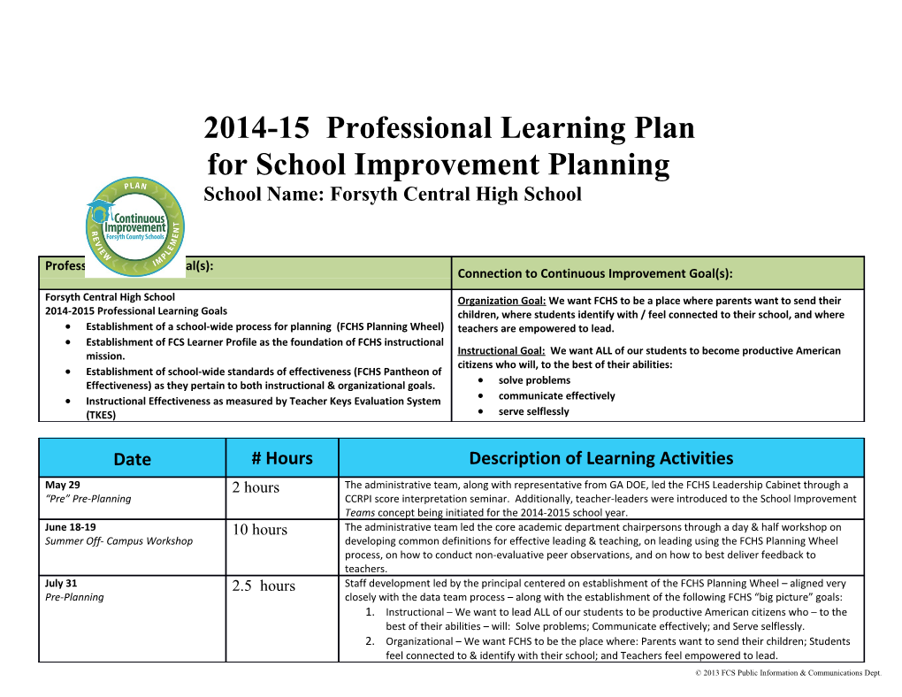 Establishment of a School-Wide Process for Planning (FCHS Planning Wheel)