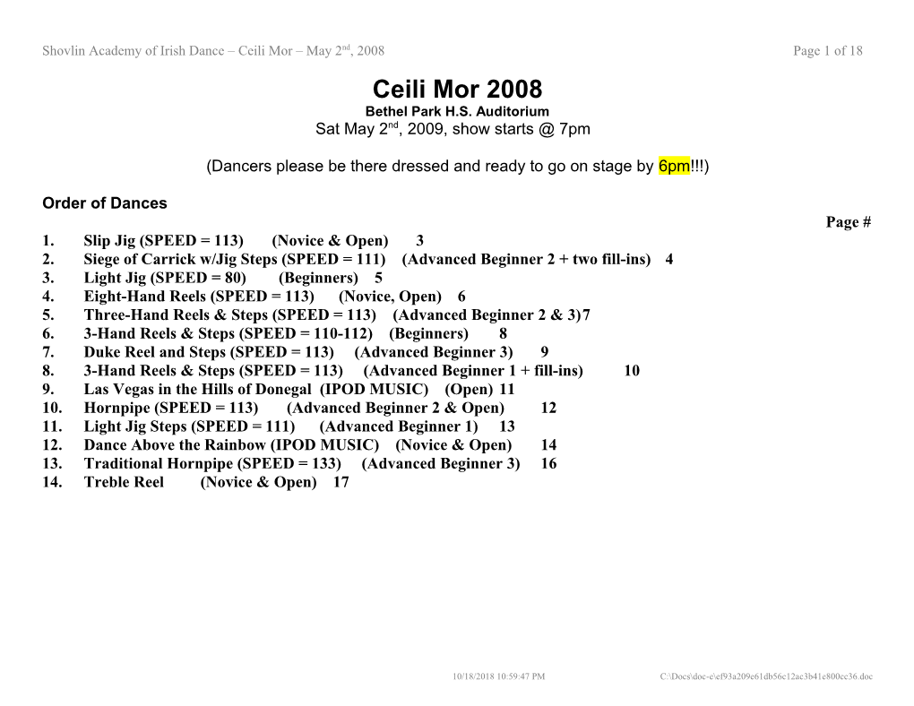 Shovlin Academy of Irish Dance Ceili Mor May 2Nd, 2008 Page 1 of 19