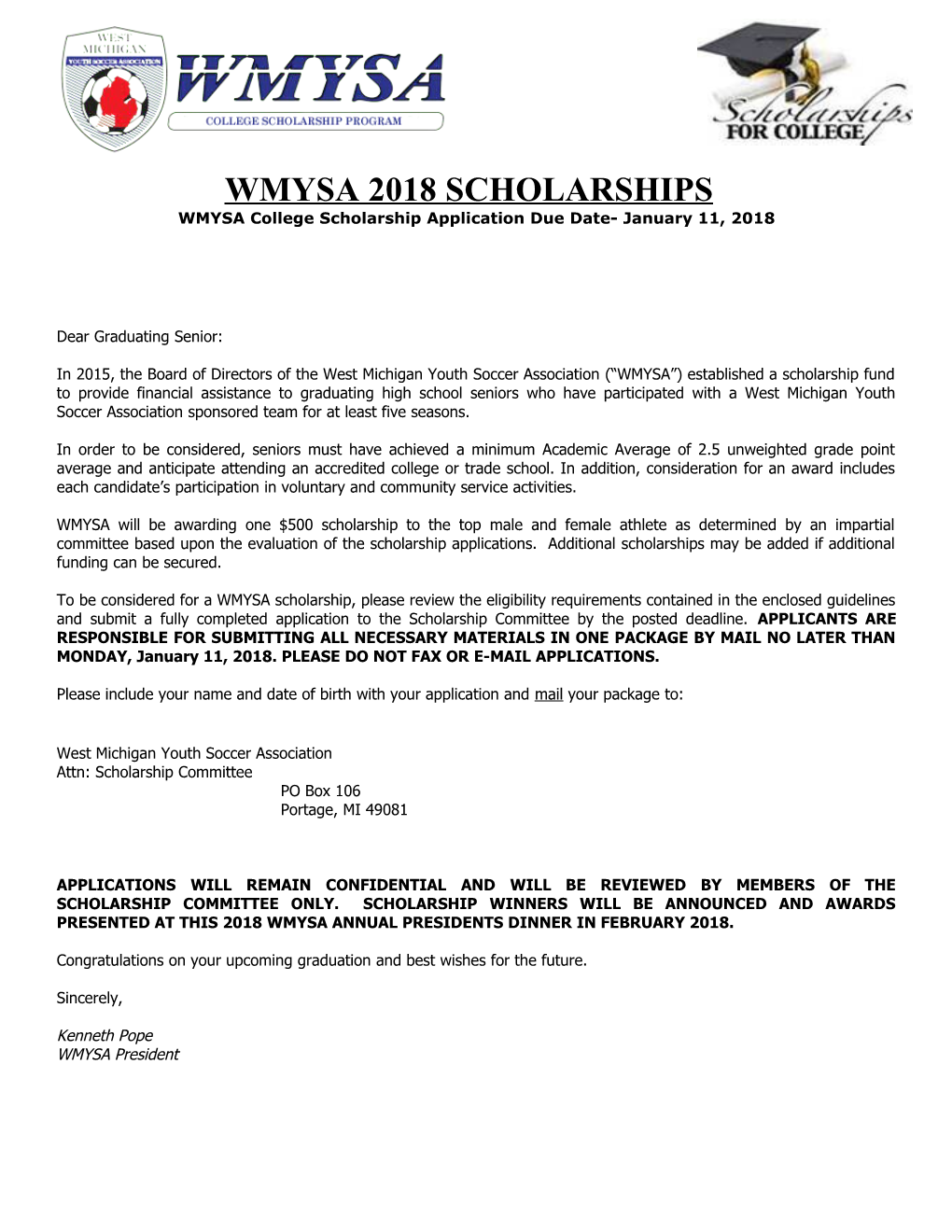 WMYSA College Scholarship Application Due Date- January 11, 2018