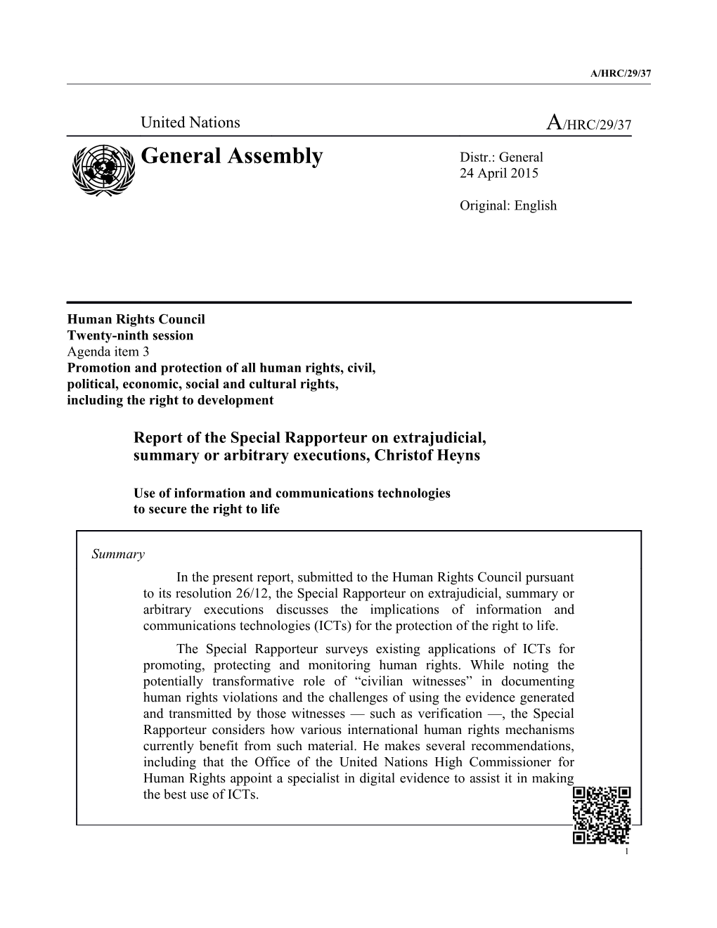 Report of the Special Rapporteur on Extrajudicial, Summary Or Arbitrary Executions in English