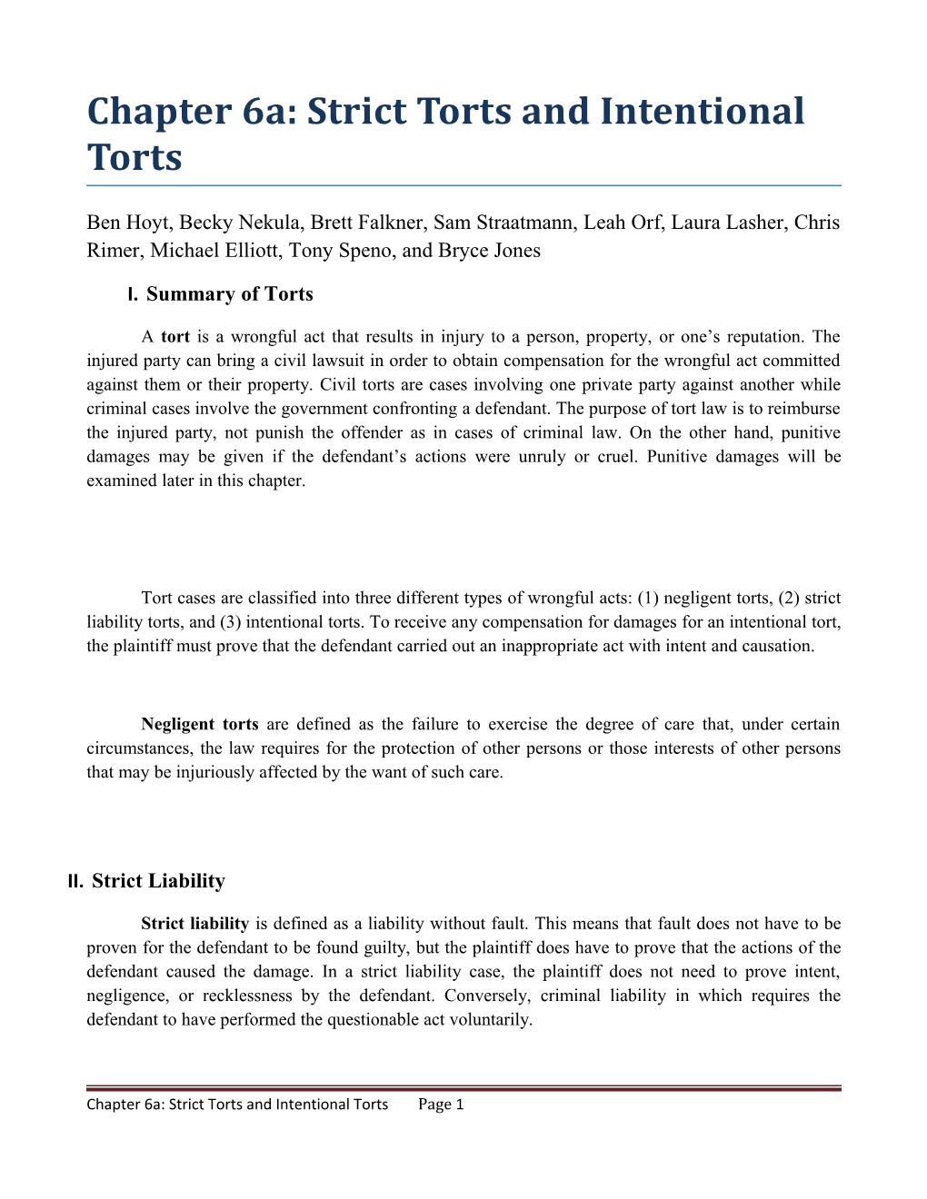 Chapter 6A:Strict Torts and Intentional Torts