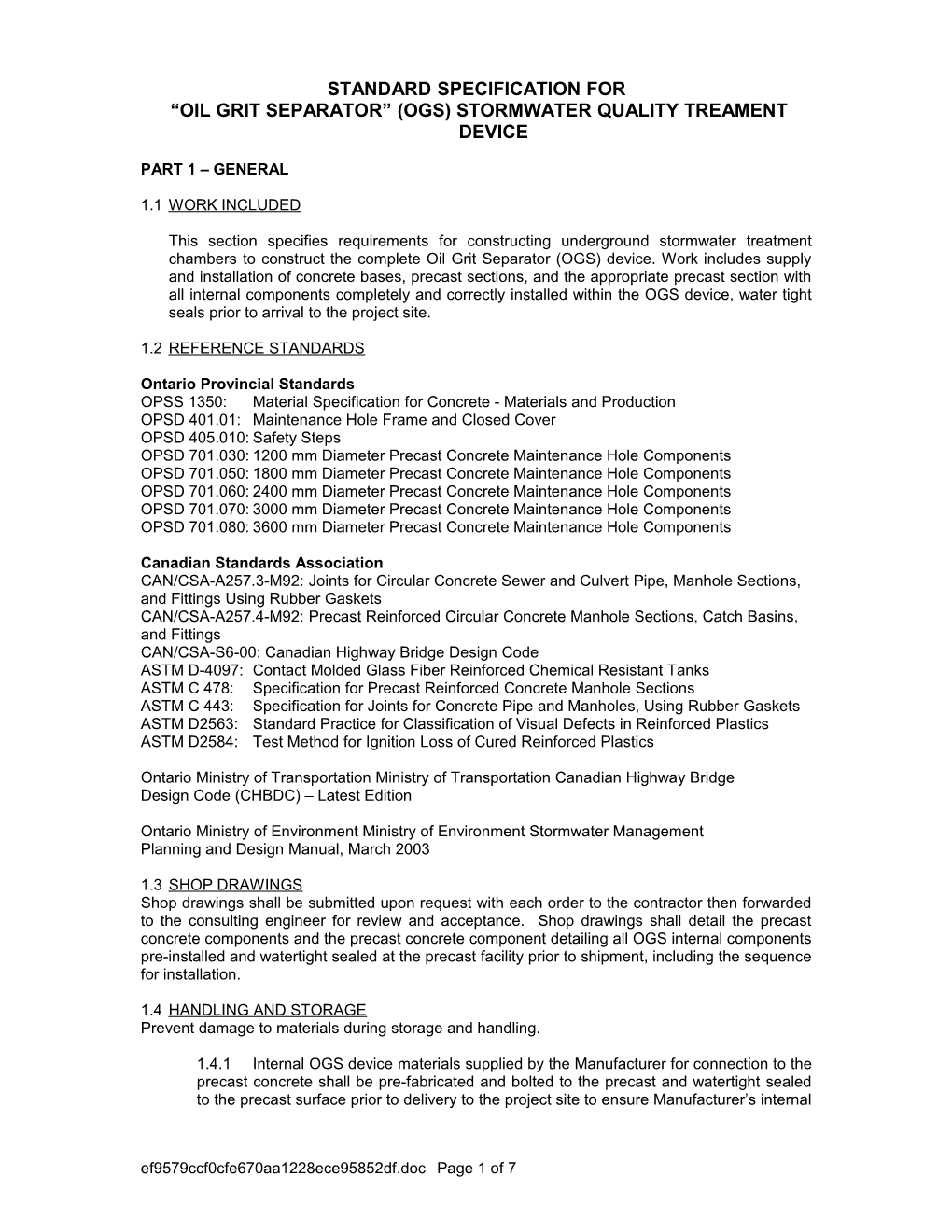 Standard Specification for Stormwater Treatment Chamber