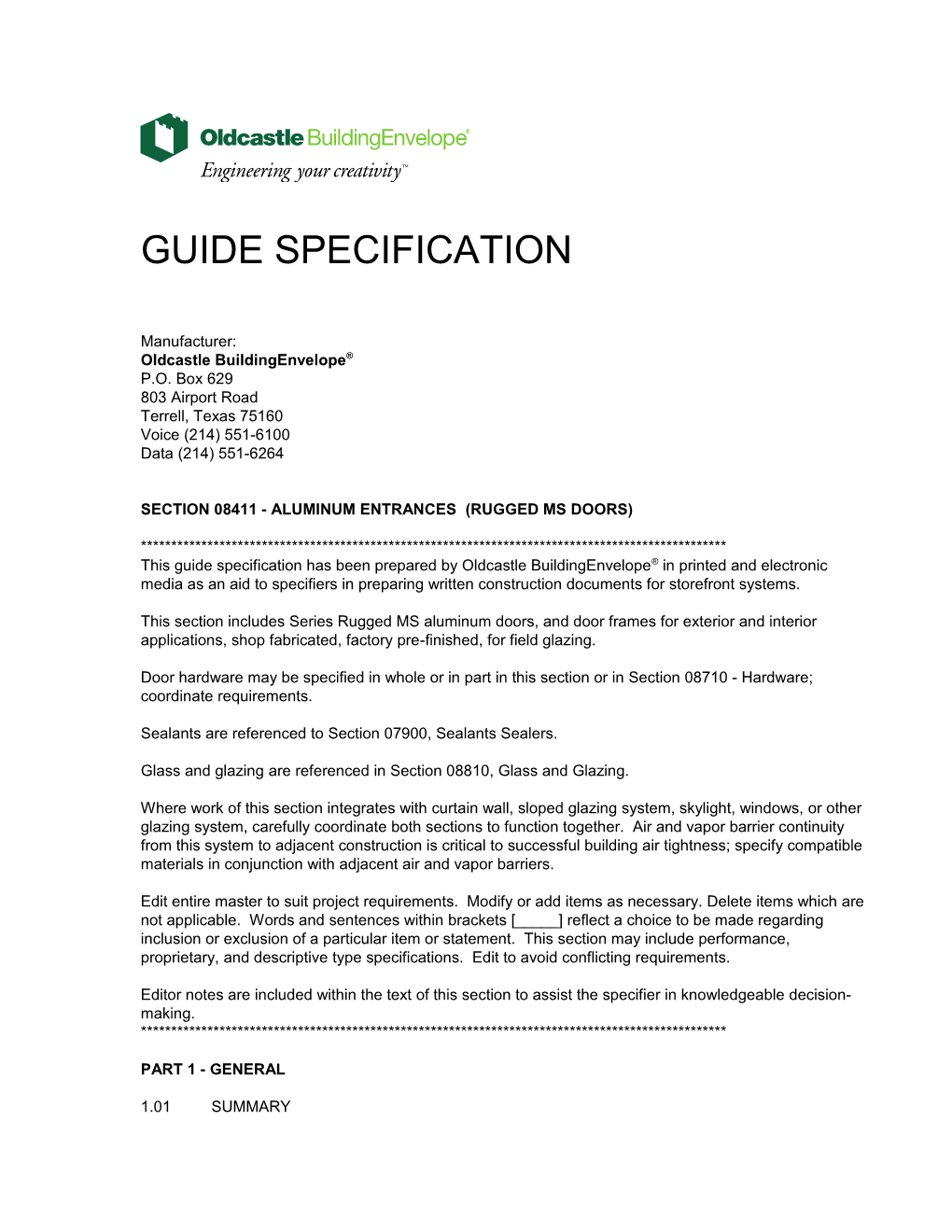 Section 08411 - Aluminum Entrances (Rugged Ms Doors)