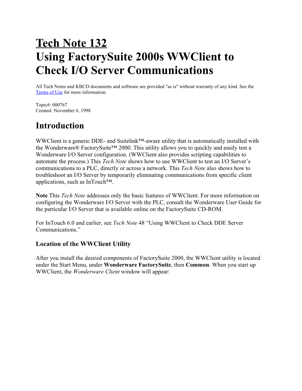 Tech Note 132 Using Factorysuite 2000S Wwclient to Check I/O Server Communications