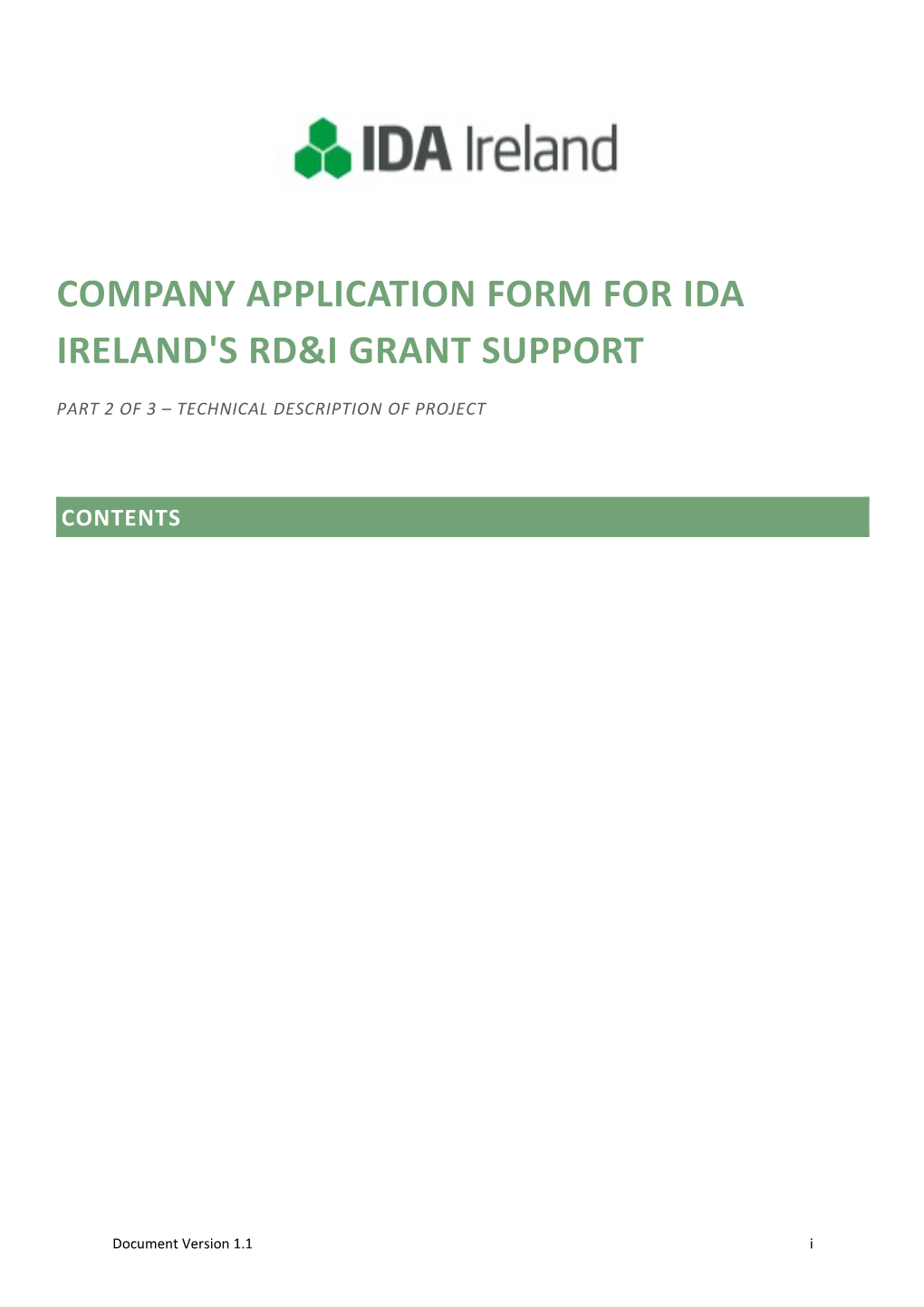 Company Application Form for IDA Ireland's RD&I Grant Support