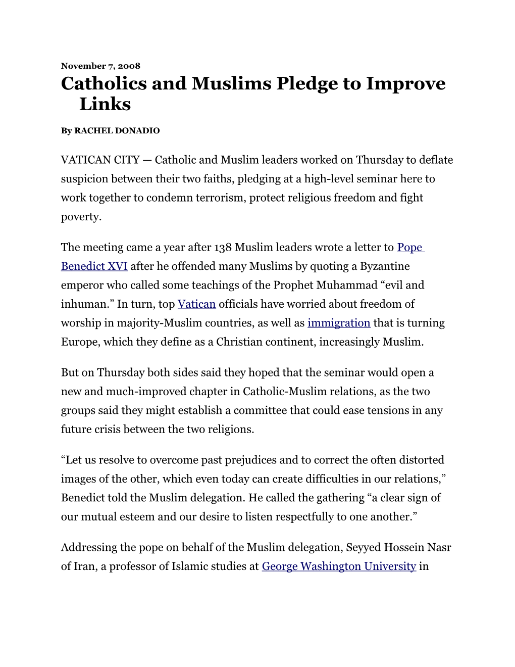 Catholics and Muslims Pledge to Improve Links