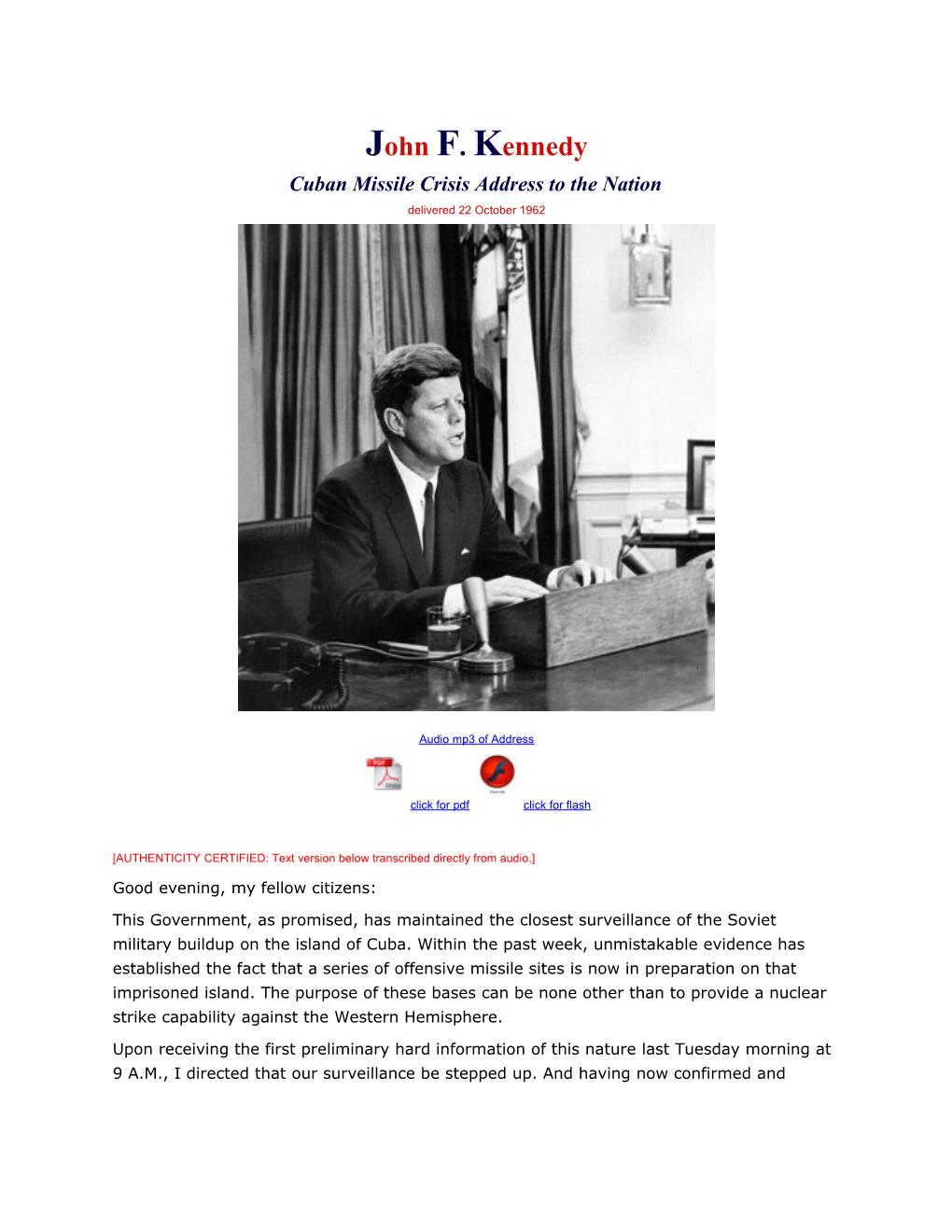 Cuban Missile Crisis Address to the Nation