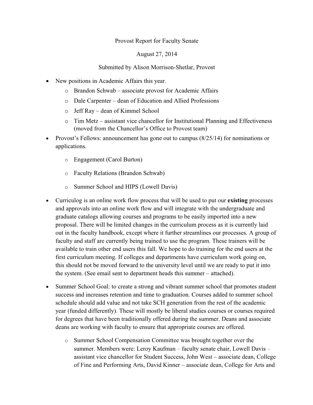 Provost Report for Faculty Senate 8 27 14