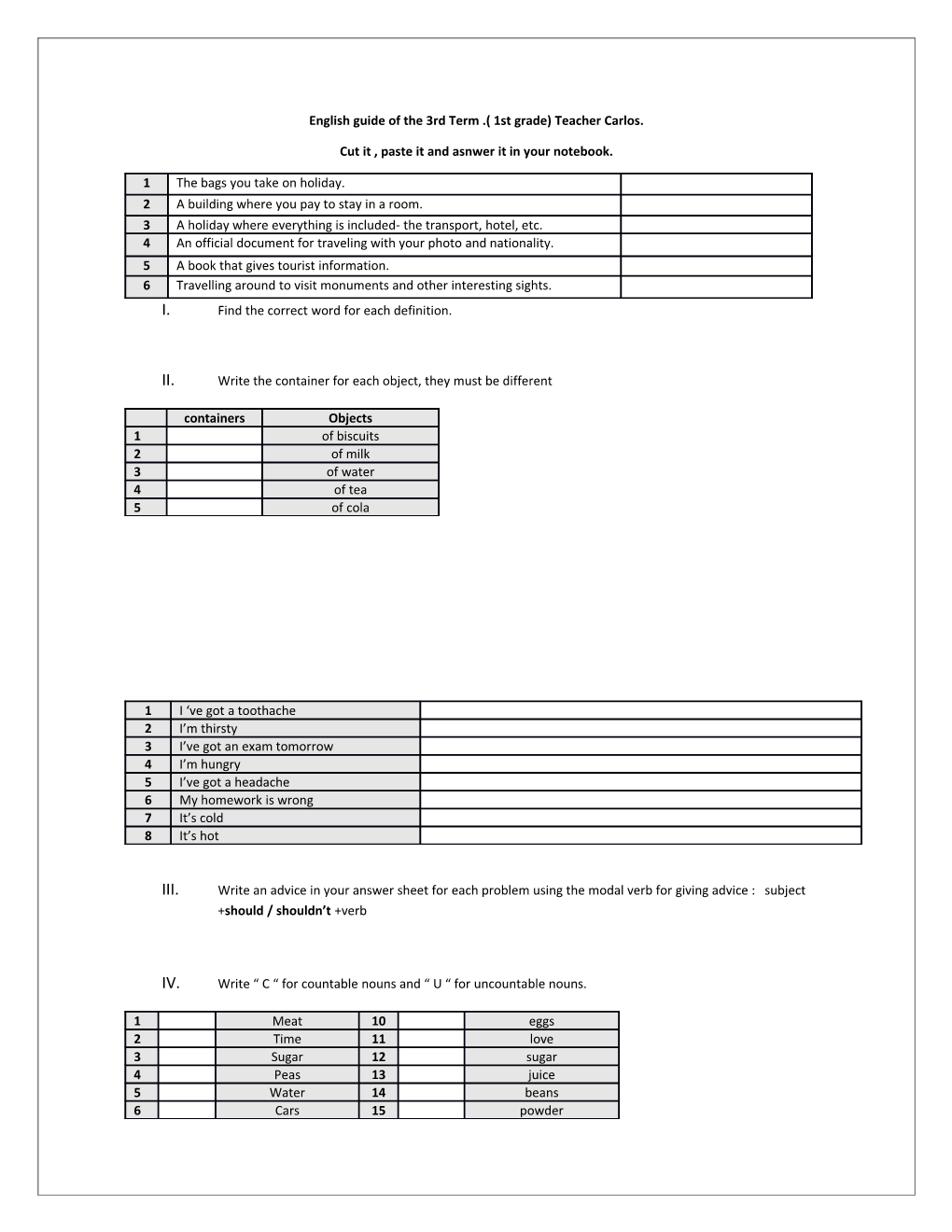 English Guide of the 3Rd Term.( 1St Grade) Teacher Carlos