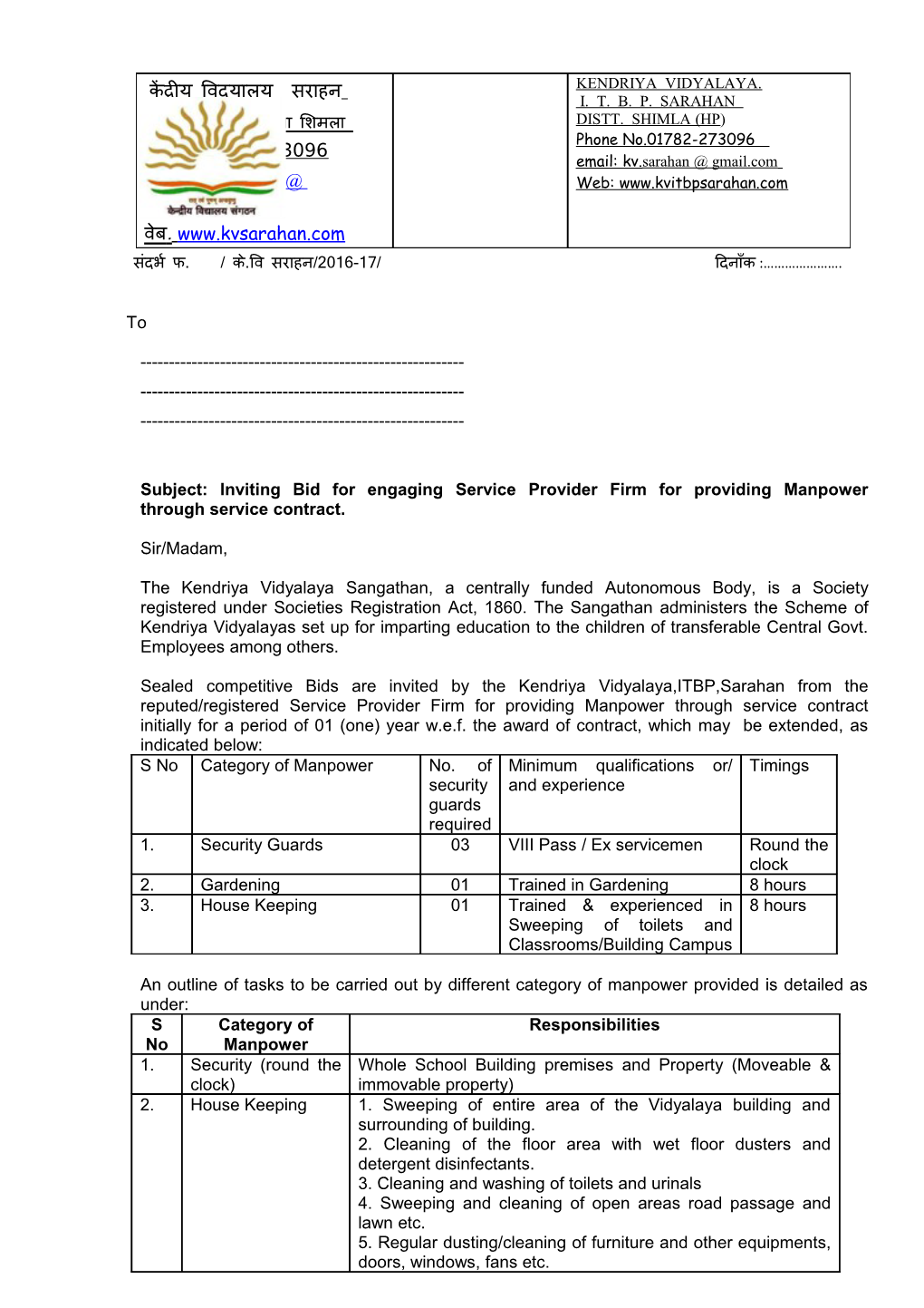 Subject: Inviting Bid for Engaging Service Provider Firm for Providing Manpower Through