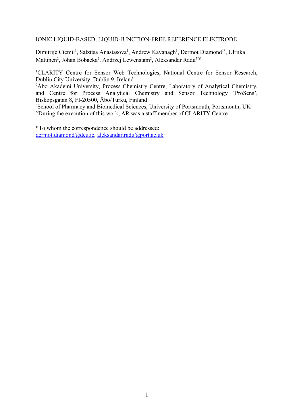 Ionic Liquid-Based, Liquid-Junction-Free Reference Electrode