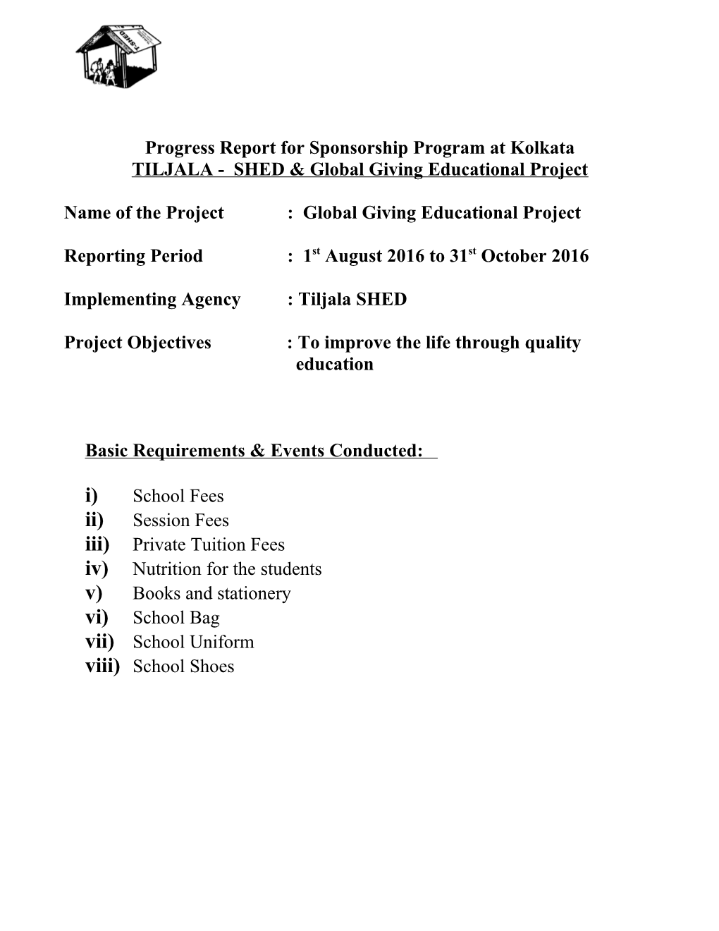 Progress Report for Sponsorship Program at Kolkata
