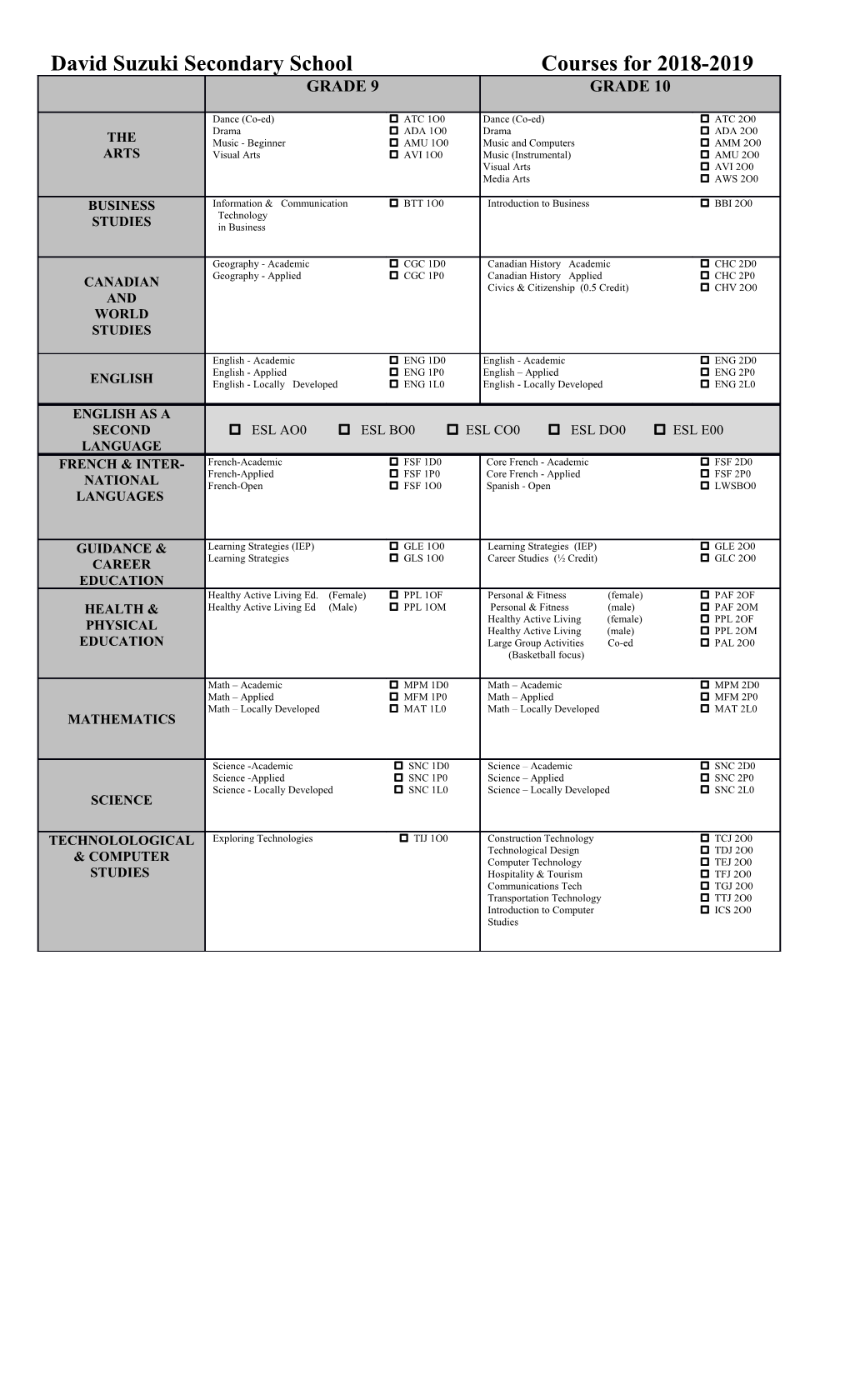 David Suzuki Secondary School Courses for 2018-2019