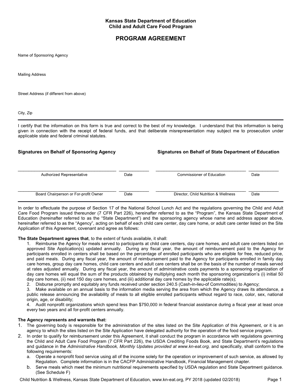 Program Agreement for Child and Adult Care Food Program