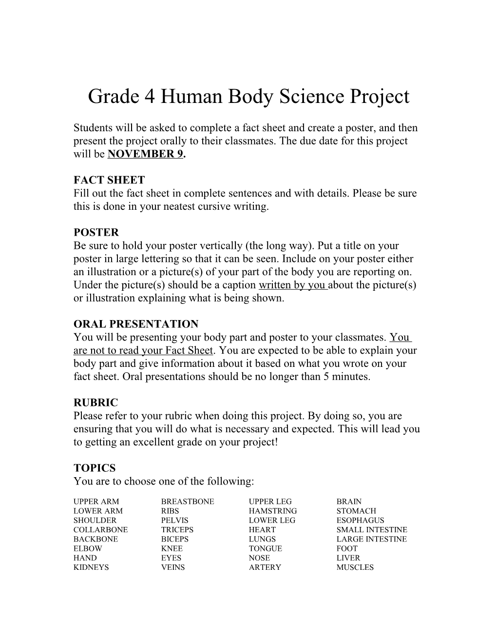 Grade 4 Human Body Science Project