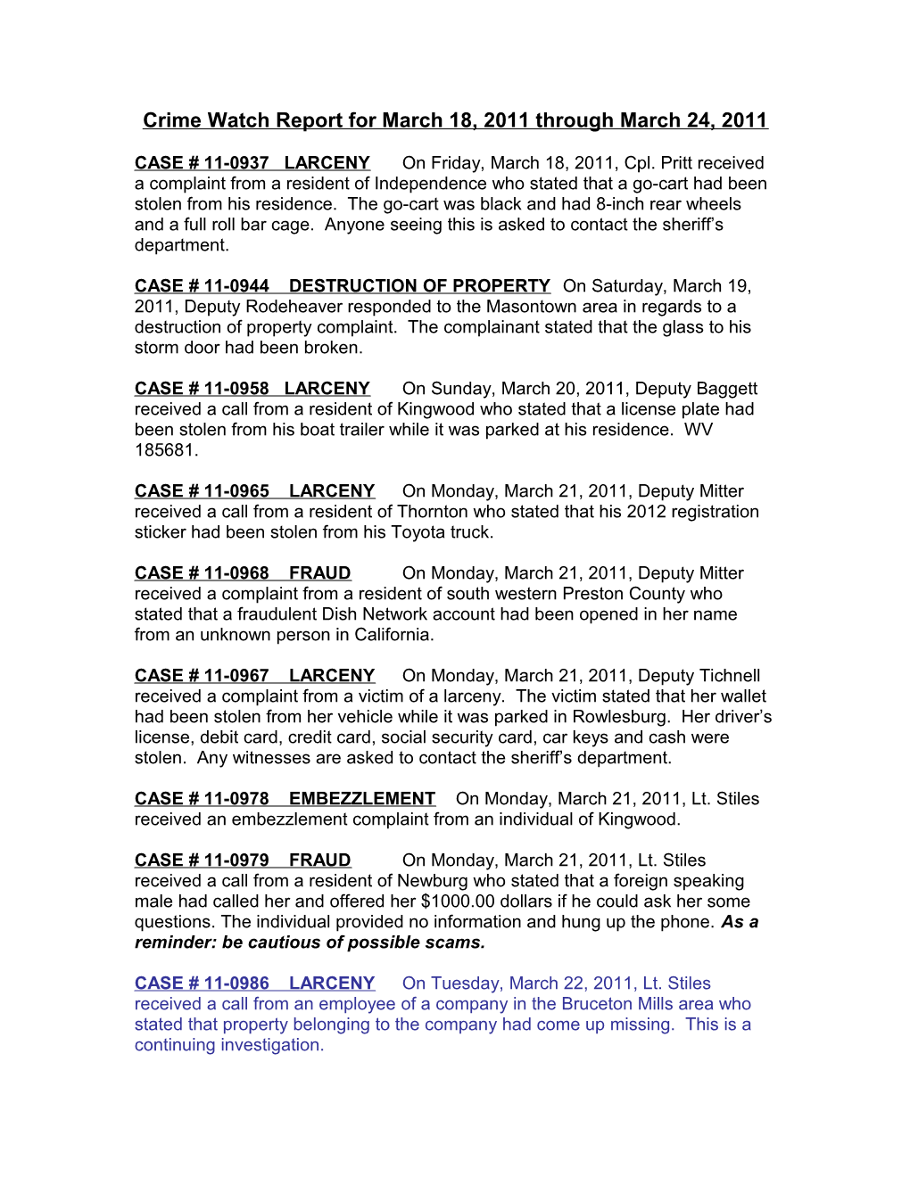 Crime Watch Report for March 18, 2011 Through March 24, 2011