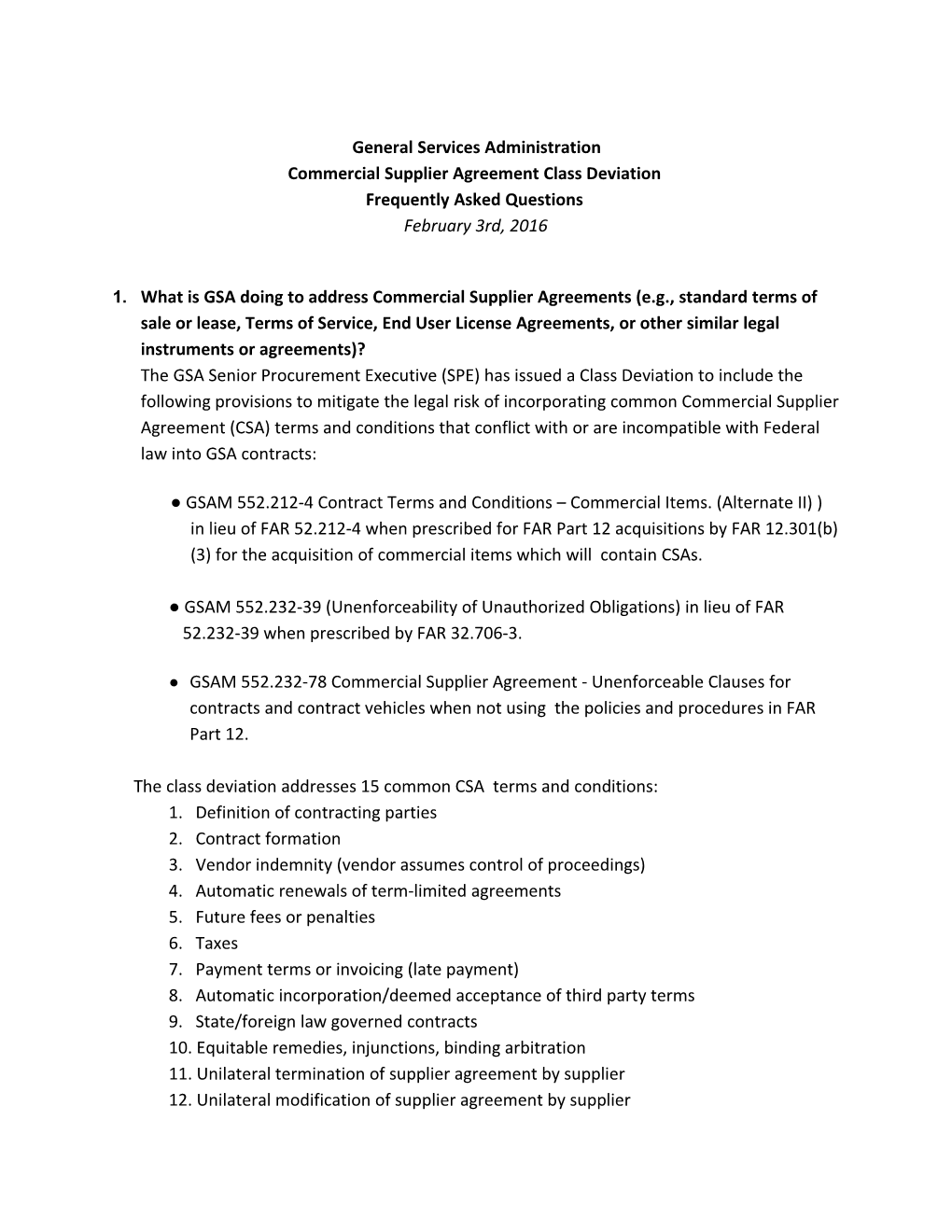 Commercial Supplier Agreement Class Deviation