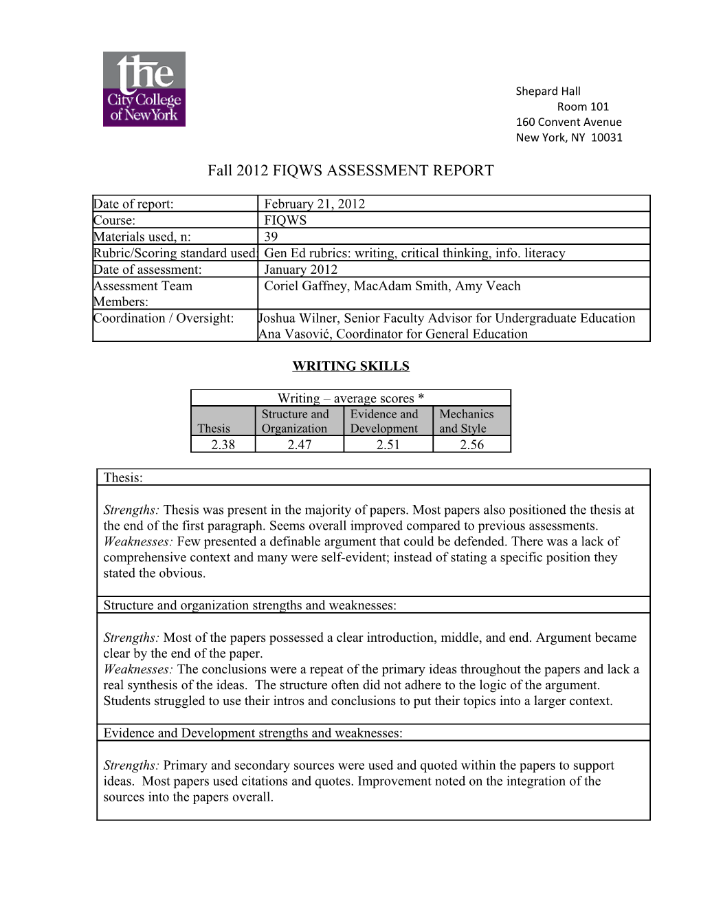 Fall 2012 FIQWS ASSESSMENT REPORT