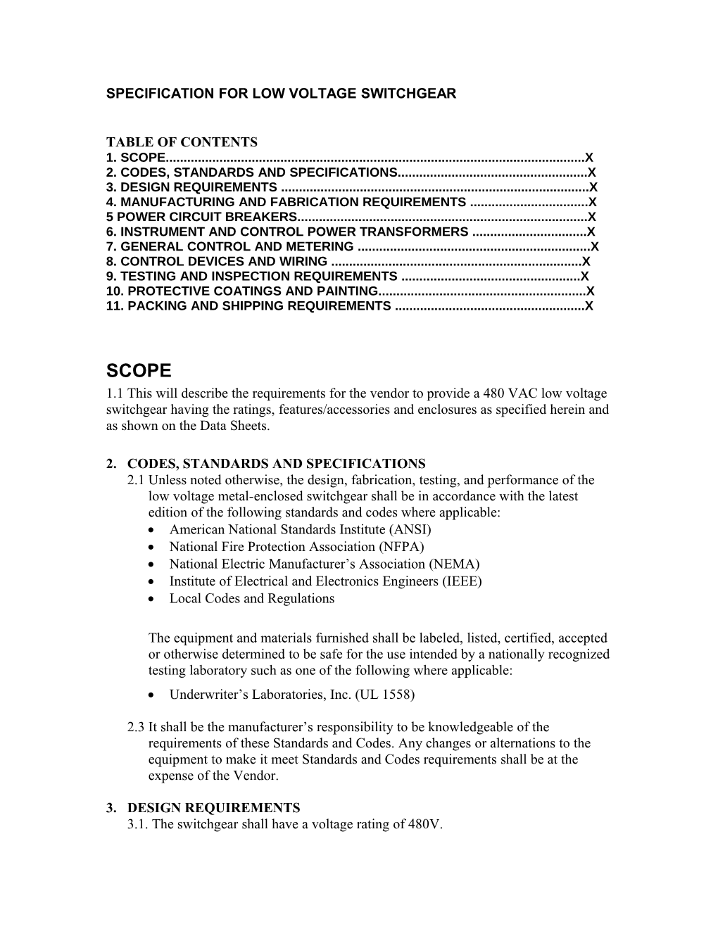 Specification for Low Voltage Switchgear