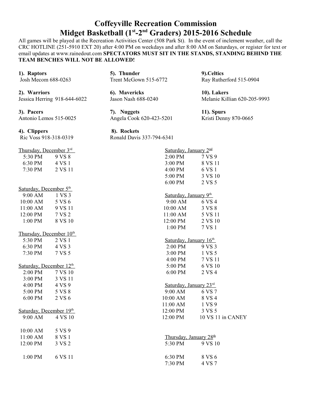 Midget Basketball (1St-2Nd Graders) 2015-2016 Schedule