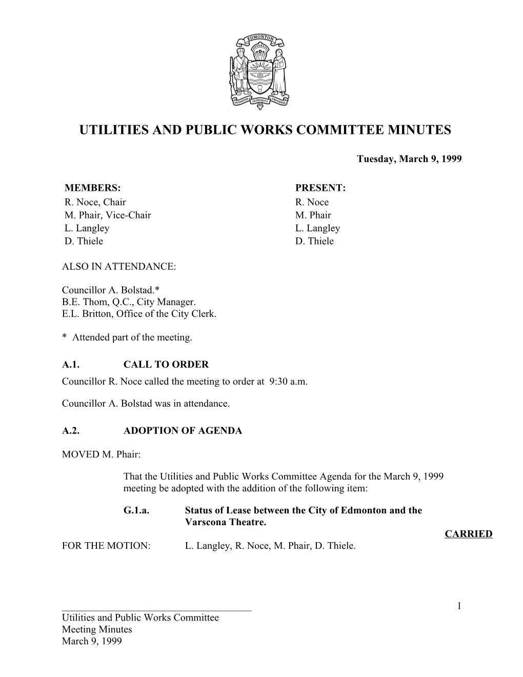 Minutes for Utilities and Public Works Committee March 9, 1999 Meeting