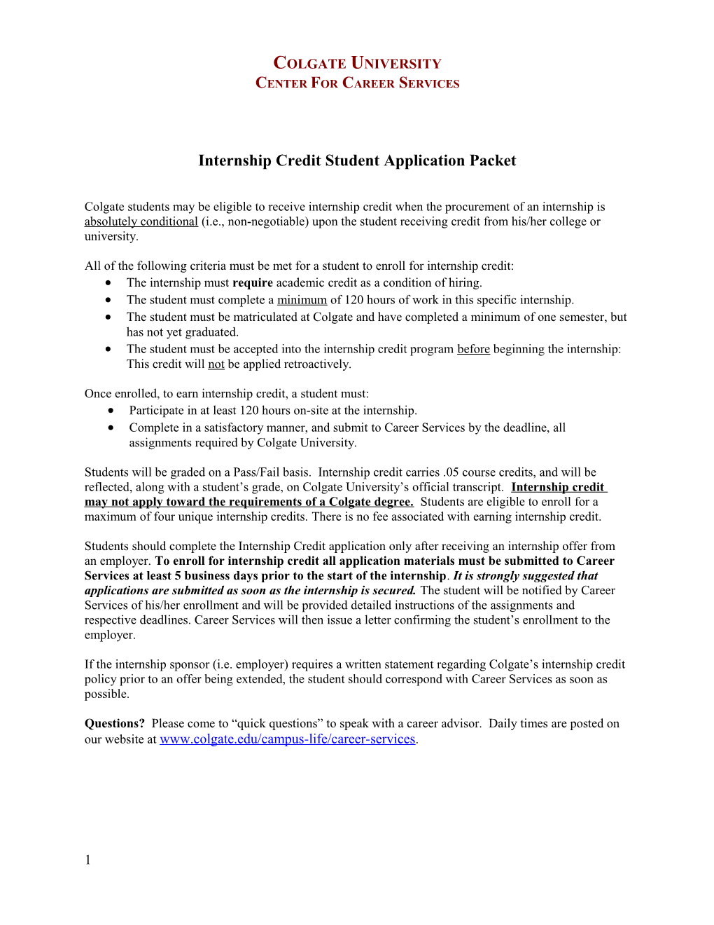 Internship Credit Student Application Packet