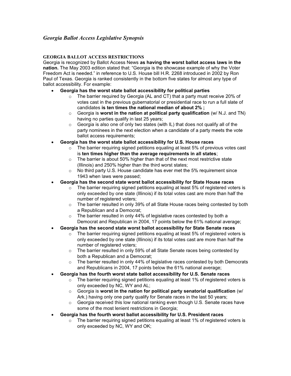 Georgia Ballot Access Legislative Synopsis