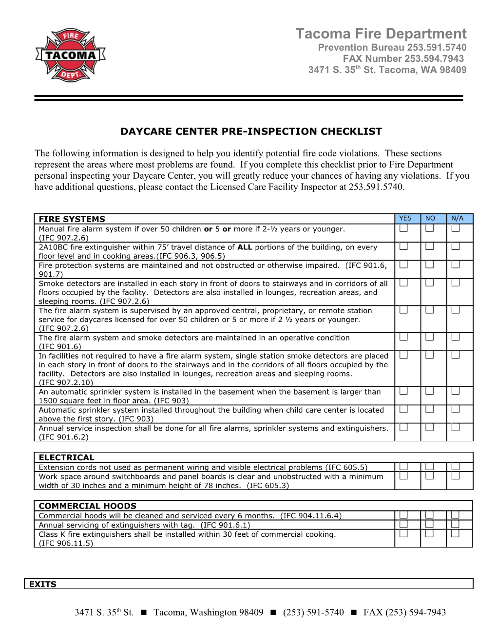 Daycarecenterpre-Inspection Checklist