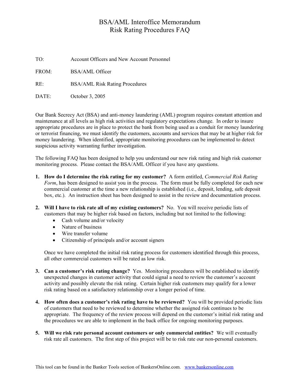 BSA/AML Interoffice Memorandum