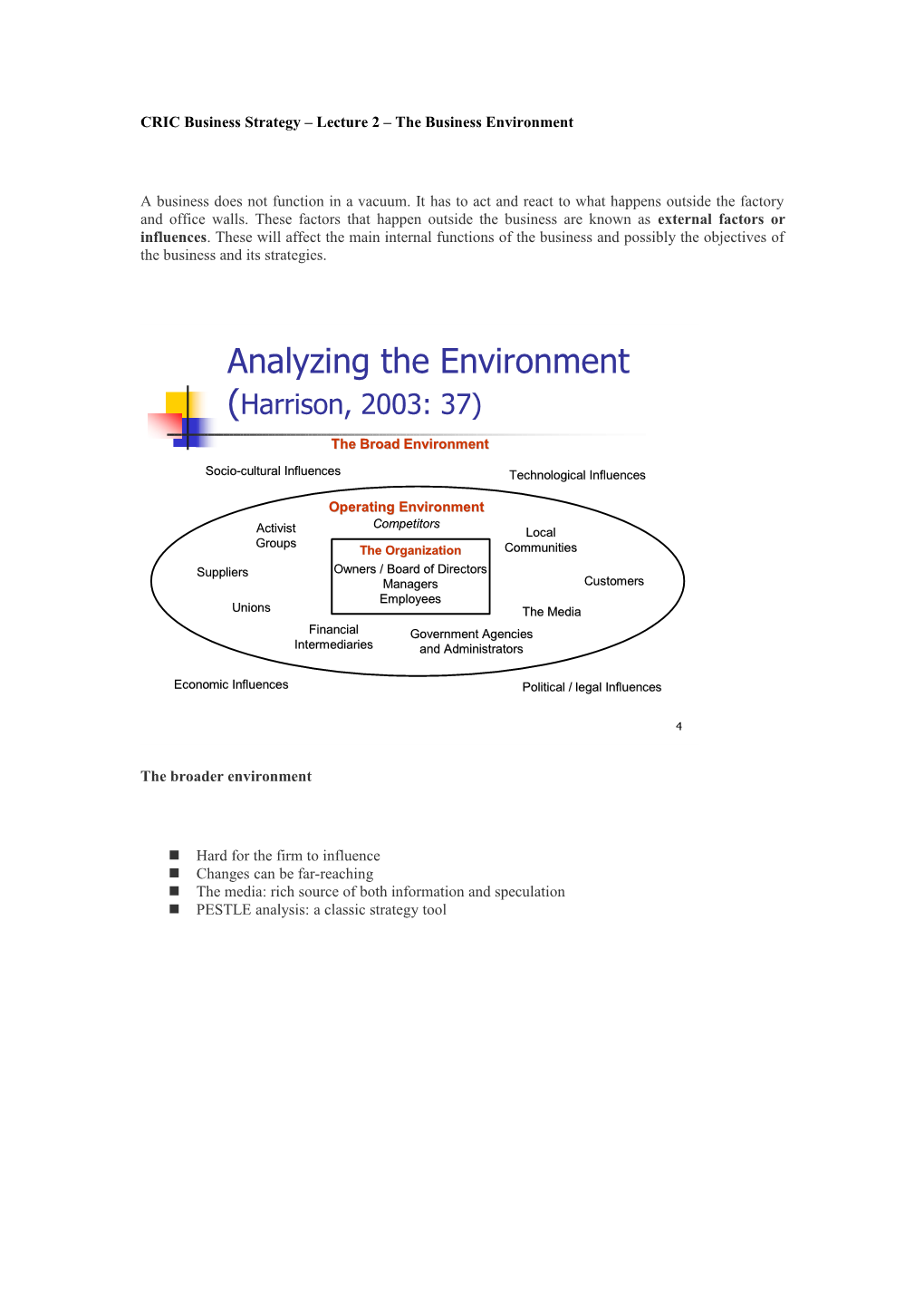 Business Strategy Lecture 2 the Business Environment Worksheet