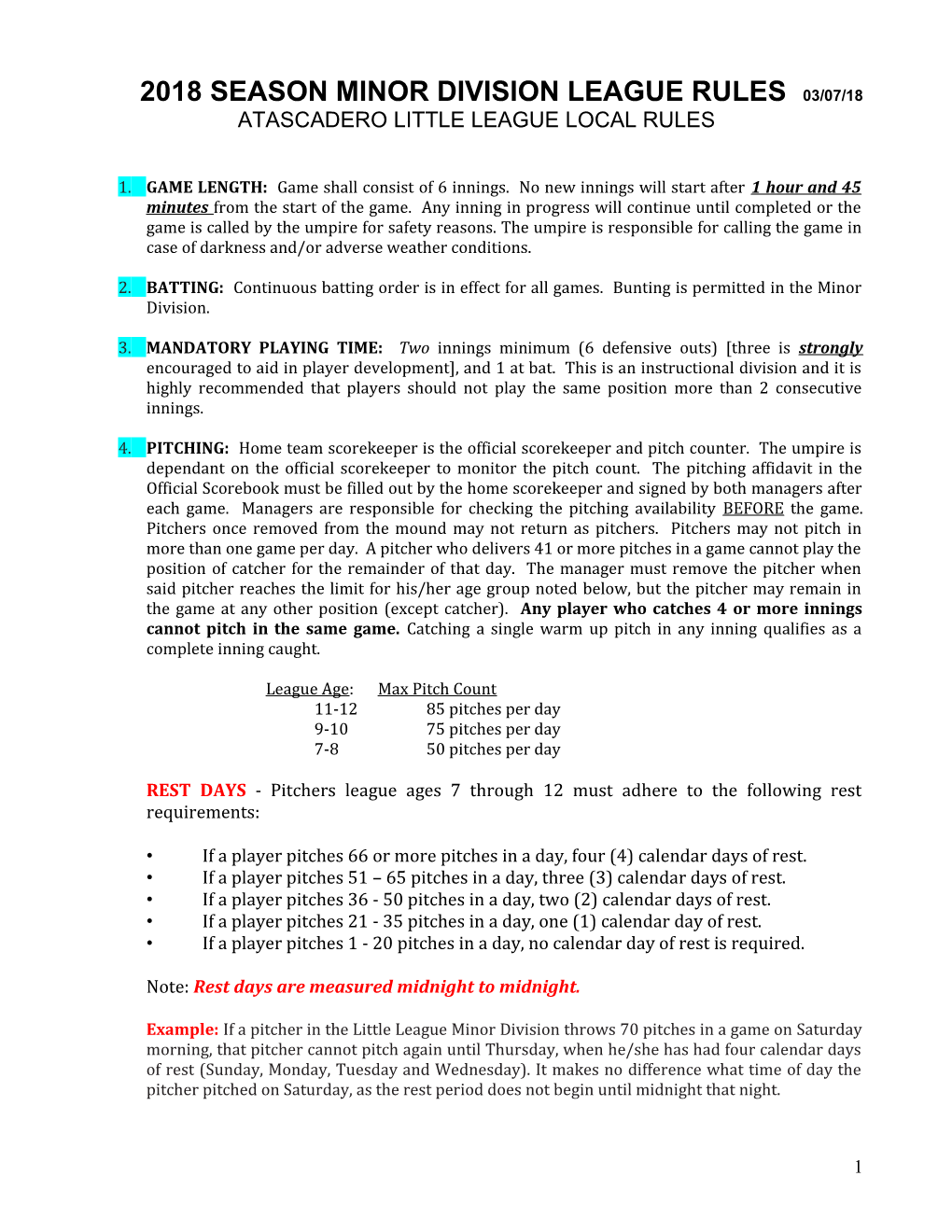 2010 Season Minor a League Division Rules