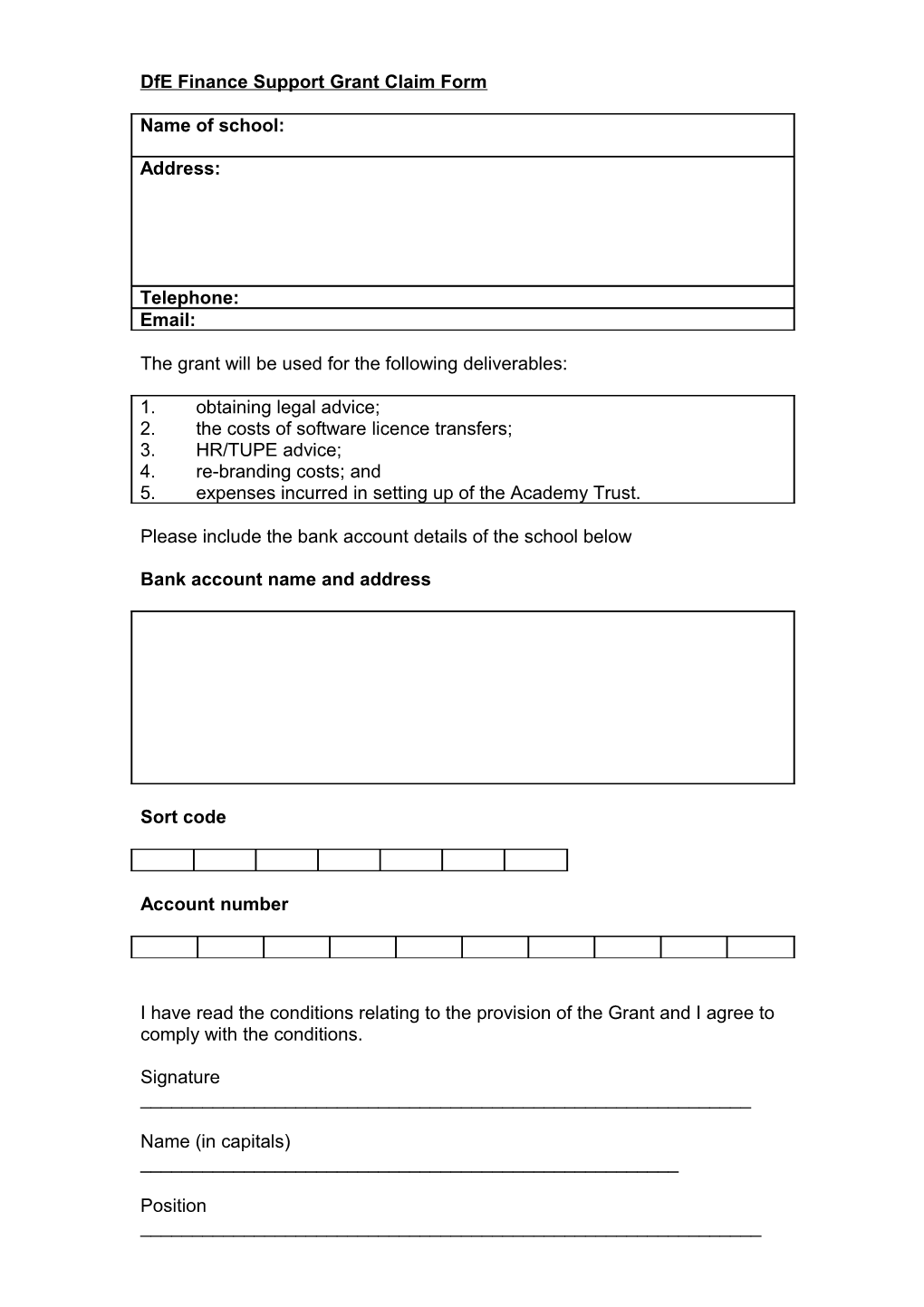 Dfe Finance Support Grant Claim Form