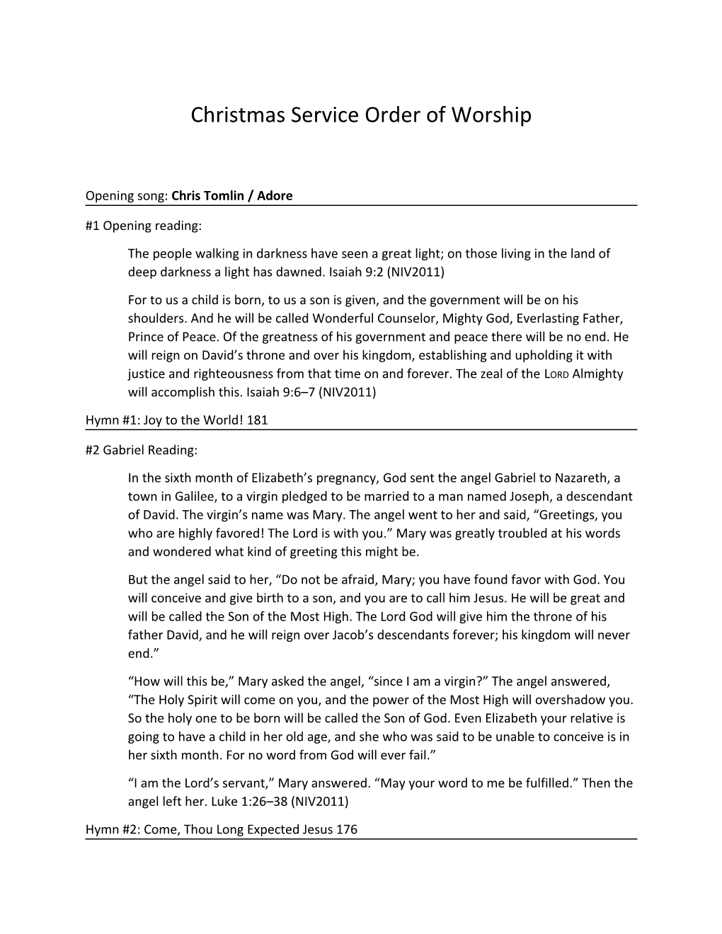 Christmas Service Order of Worship
