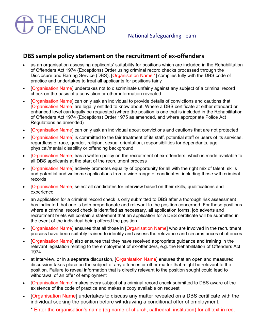 DBS Sample Policy Statement on the Recruitment of Ex-Offenders