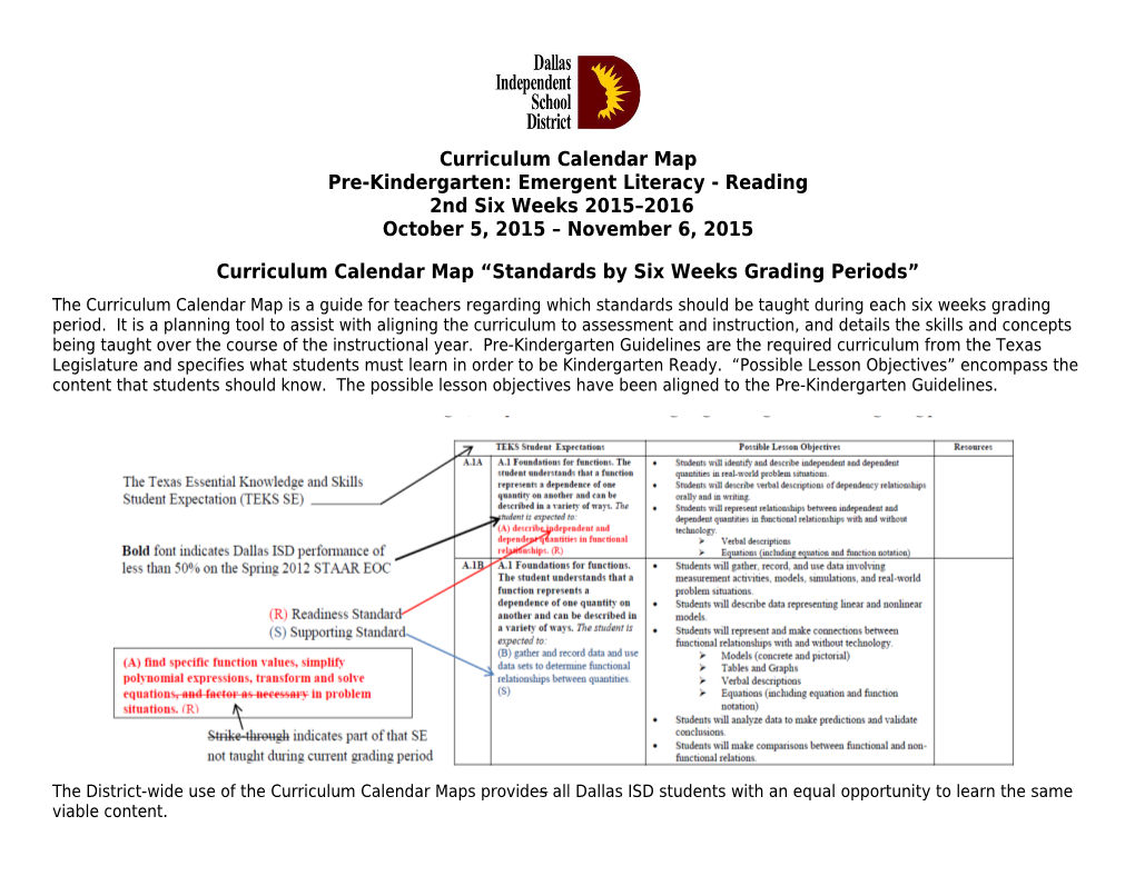 Curriculum Calendar Map Standards by Six Weeks Grading Periods