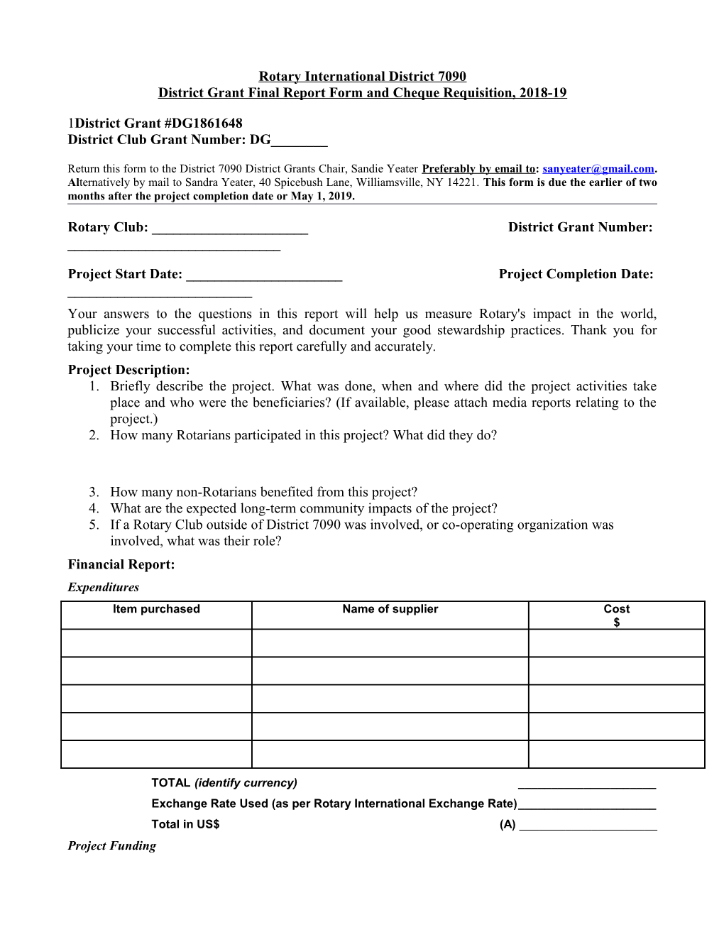 District Grant Final Report Form and Cheque Requisition, 2018-19