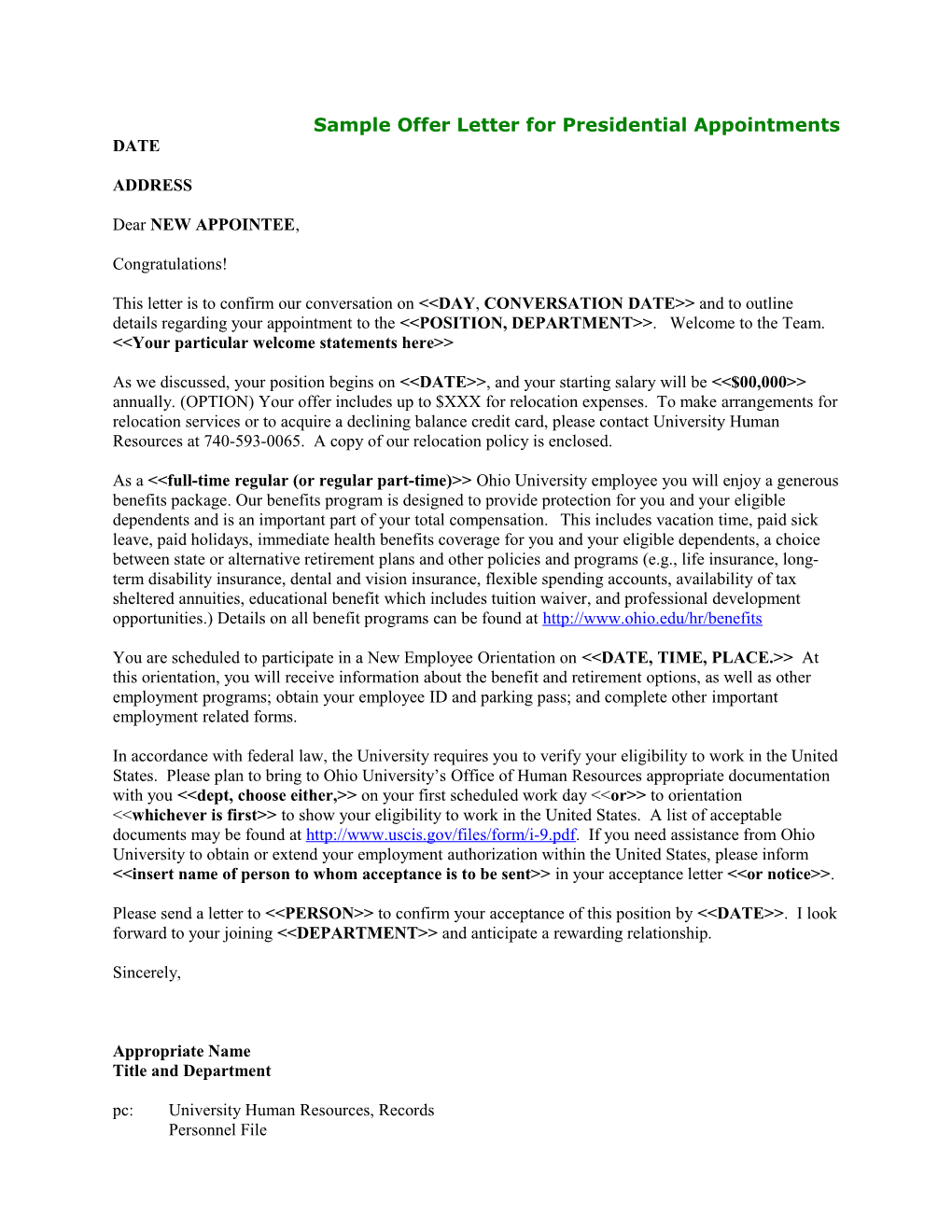 Sample Offer Letter for New Administrative Employees
