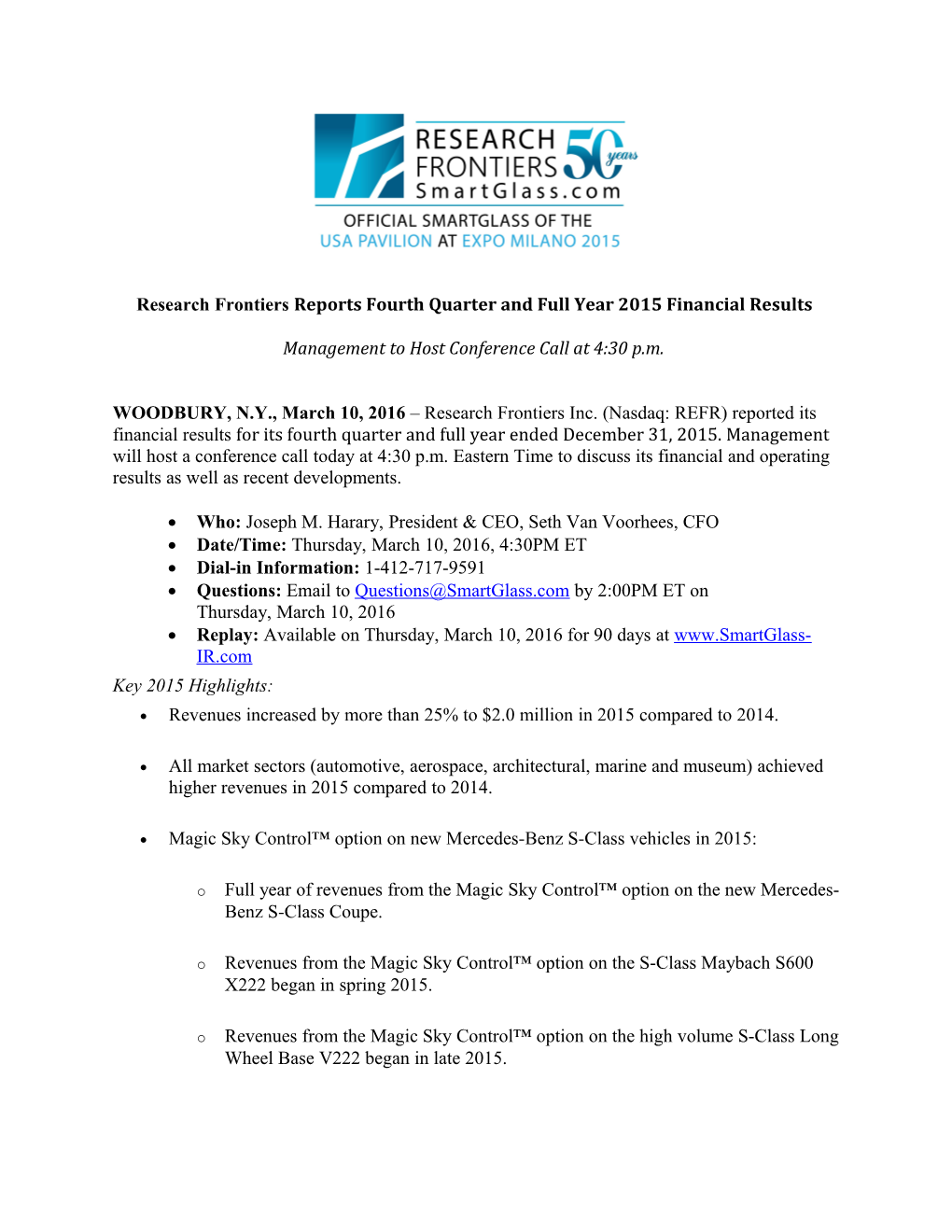 Research Frontiers Reports Fourth Quarter and Full Year 2015 Financial Results