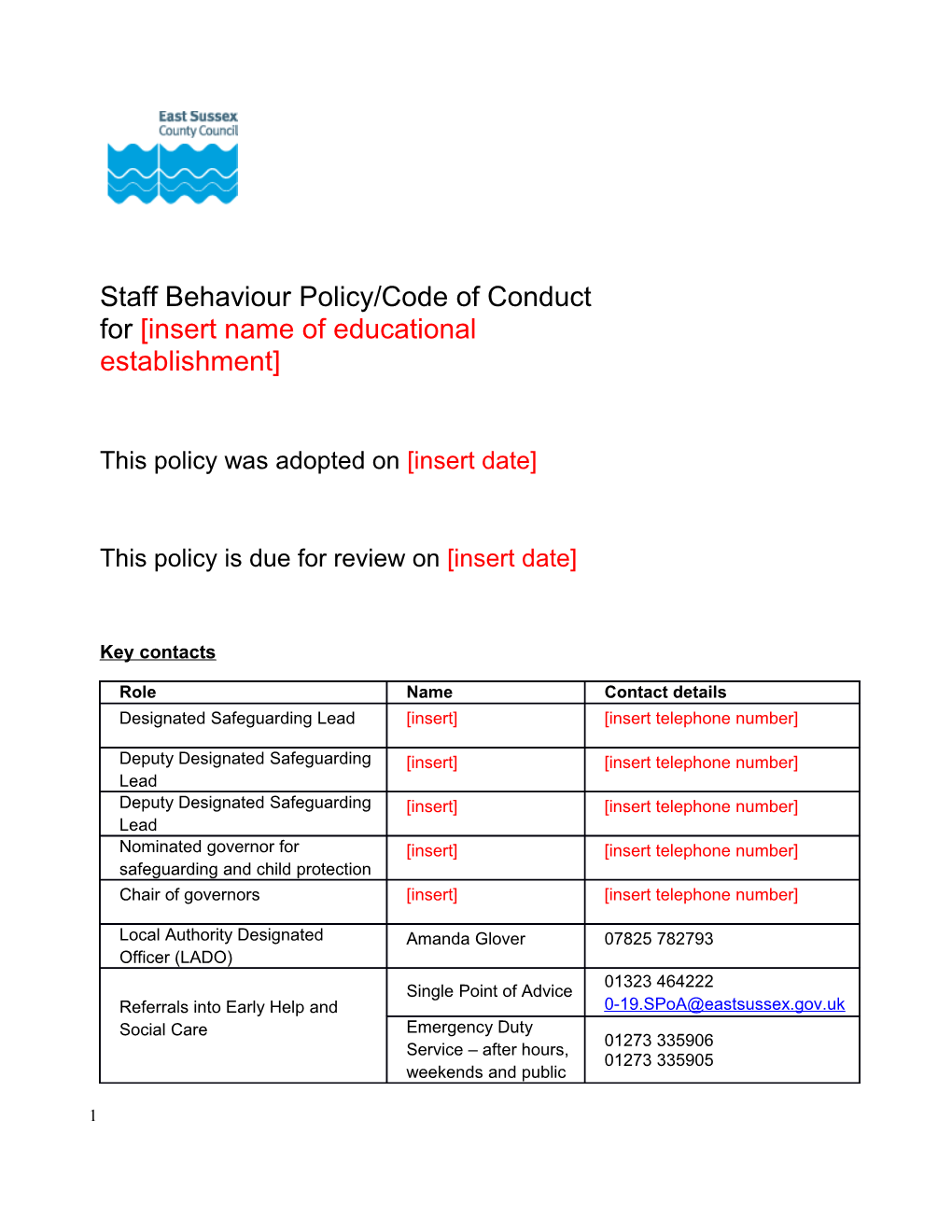 Staff Behaviour Policy/Code of Conduct for Insert Name of Educational Establishment