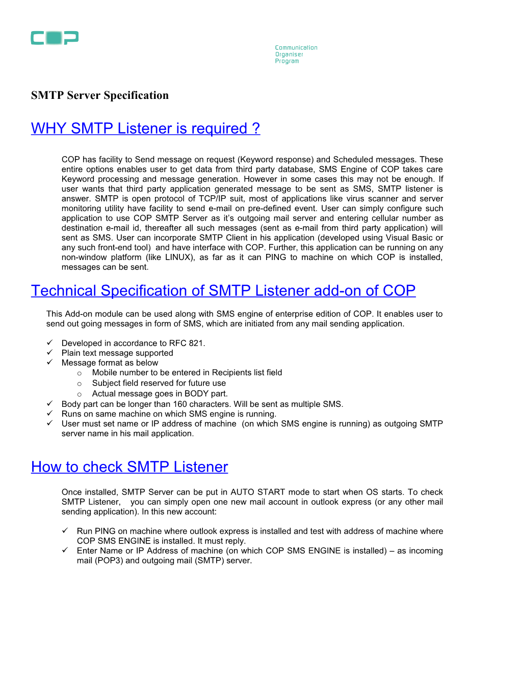 Specification of Smtp2sms Add-On of COP