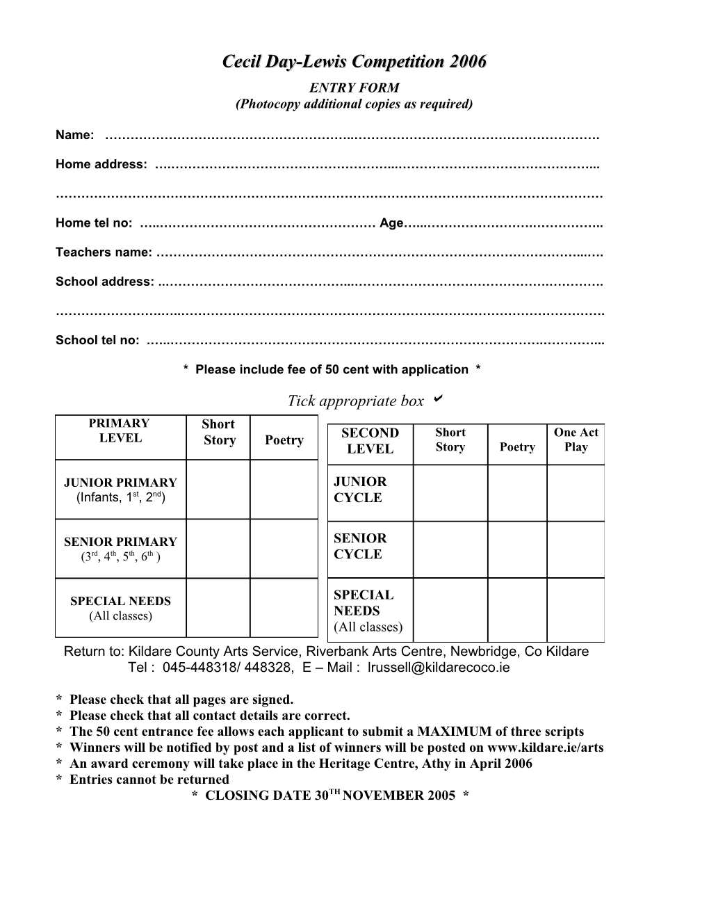 Cecil Day-Lewis Awards 2002 Entry Form