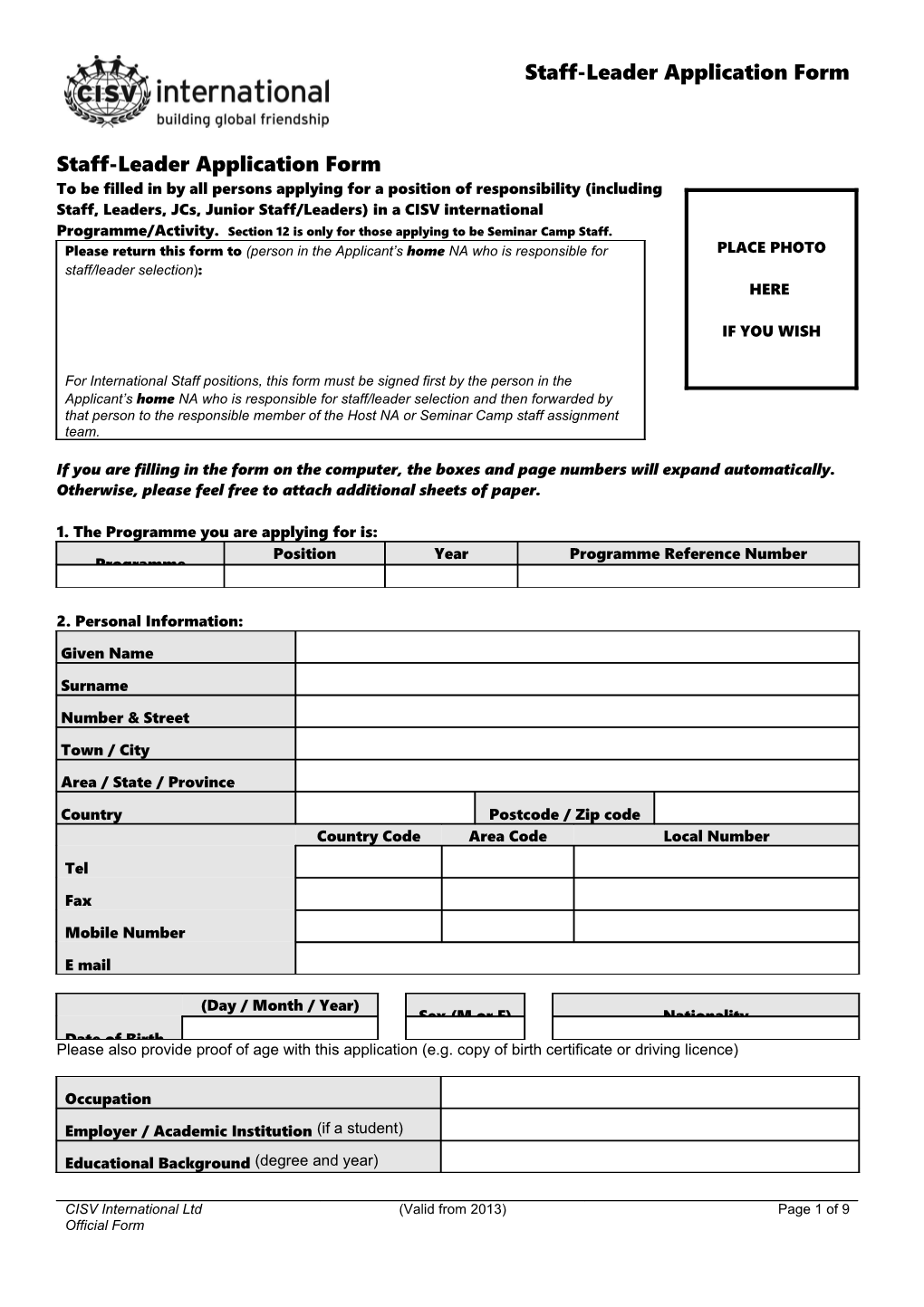 Staff-Leader Application Form